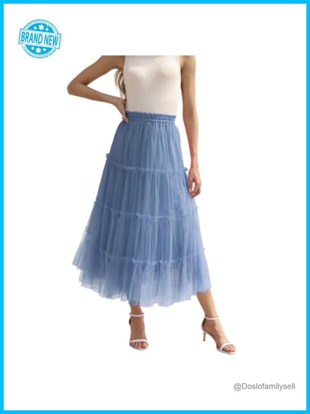 Women's Long Tulle Ruffle Layered Midi A-Line Skirt High Waist